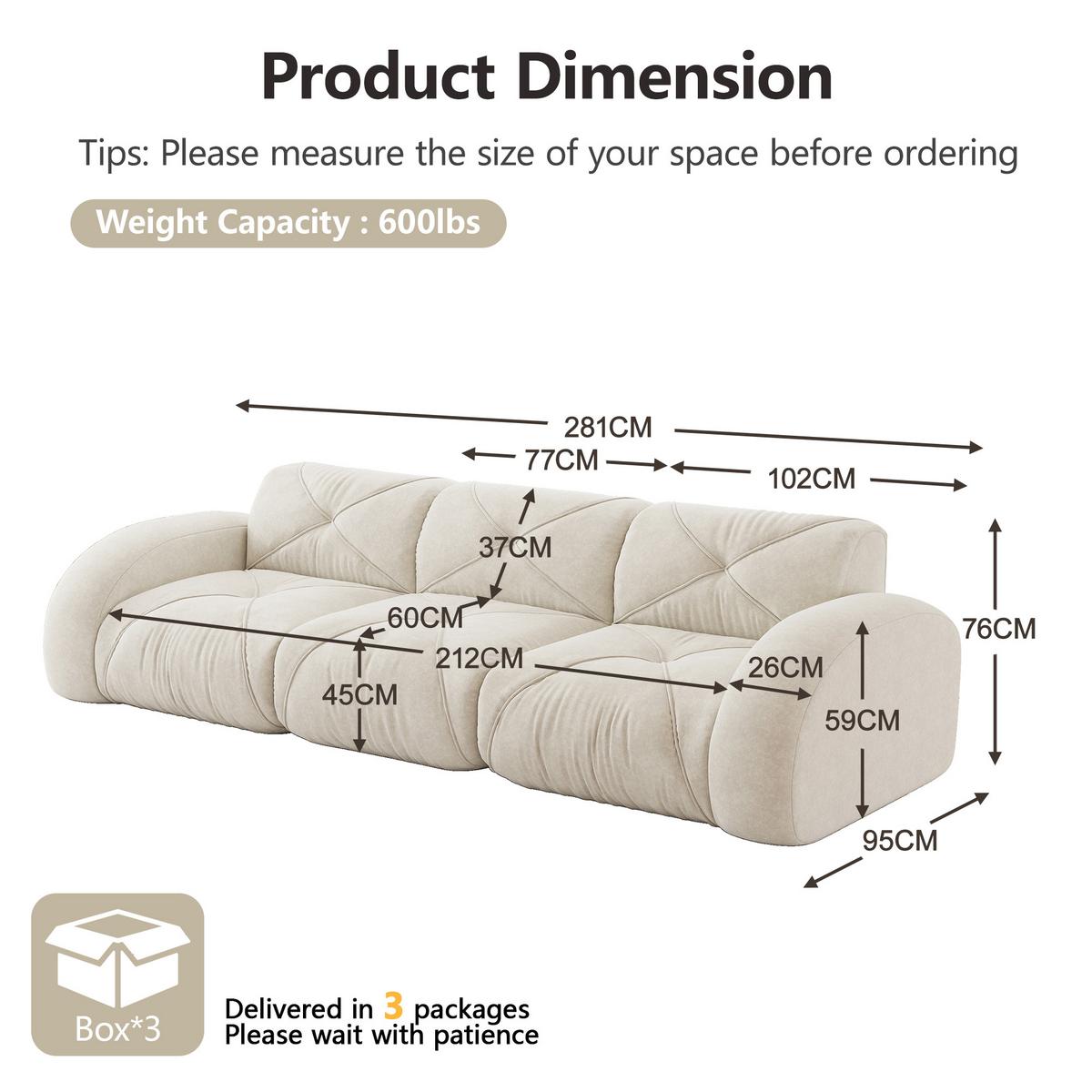3-SITZER SOFA chenille in weiß oder grün, rahmenlos & montagefrei - Weiß, Textil (281/76/95cm) - Urban Meuble