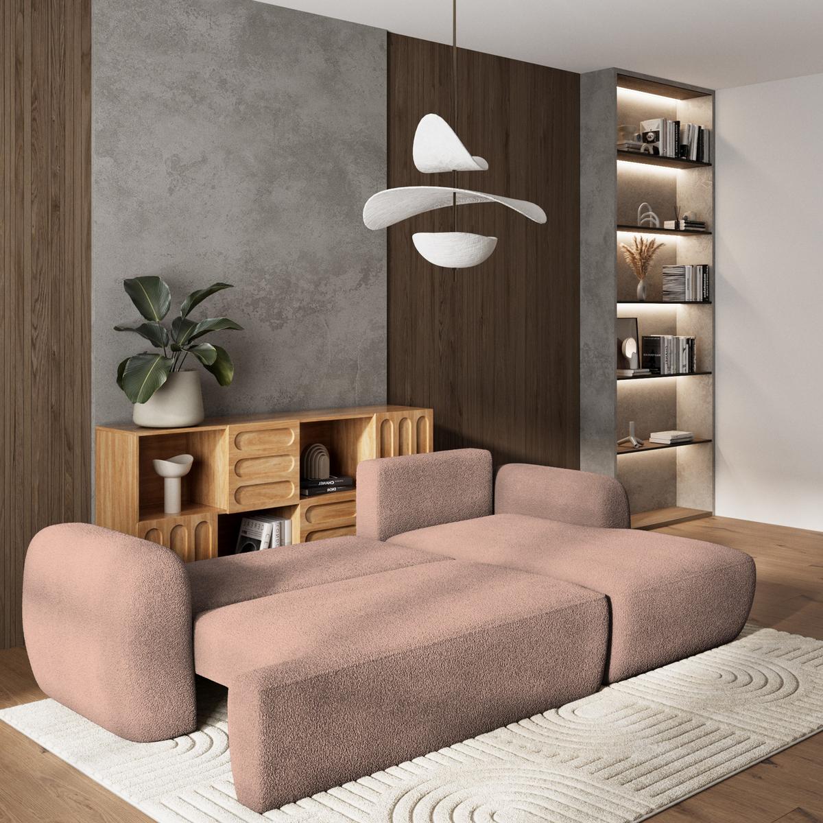 ECKSOFA MODENZA N R-S Rosa Boucle-Stoff mit Schlaffunktion - Schwarz/Rosa, Holz/Kunststoff (266/148cm) - MASSENO