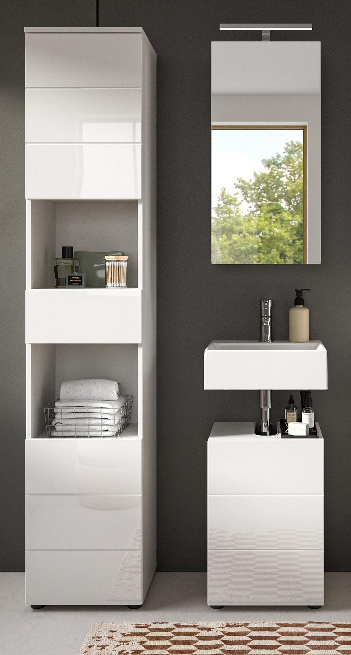 BADMÖBEL Set 3-teilig weiß Hochglanz 91 x 190 cm, Badkombination modern - Weiß Hochglanz/Schwarz, Holzwerkstoff/Kunststoff (91/190/34cm) - Inn.Furn
