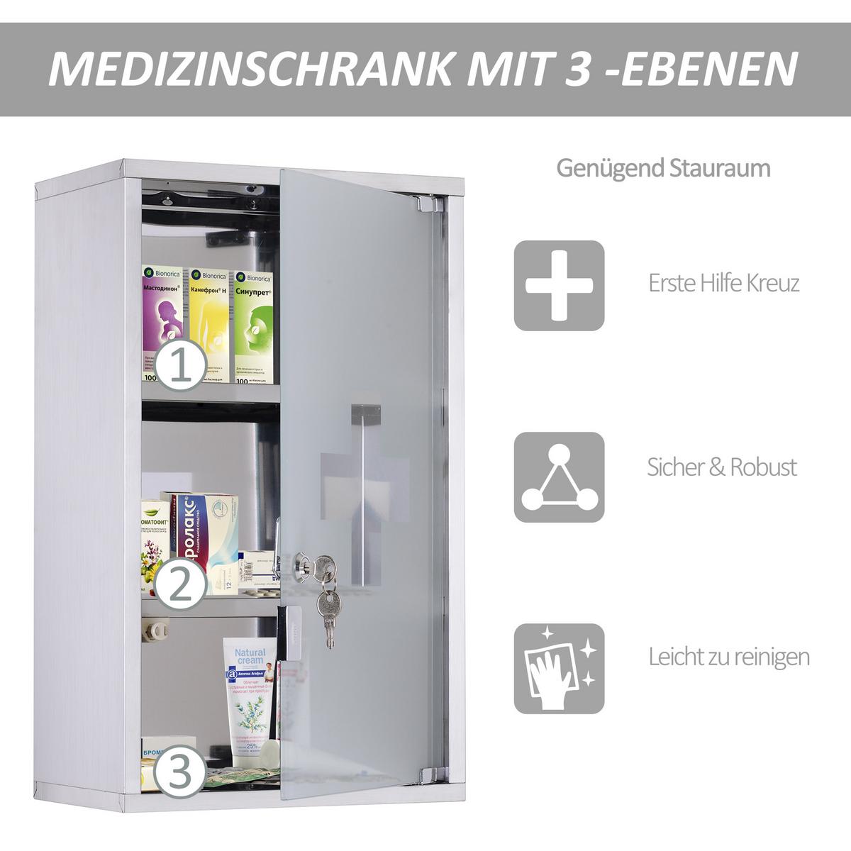 MEDIZINSCHRANK Arzneischrank Erste Hilfe mit Schloss Edelstahl 30 x 18 x 50 cm - Silberfarben, Glas (18/50/30cm) - HOMCOM