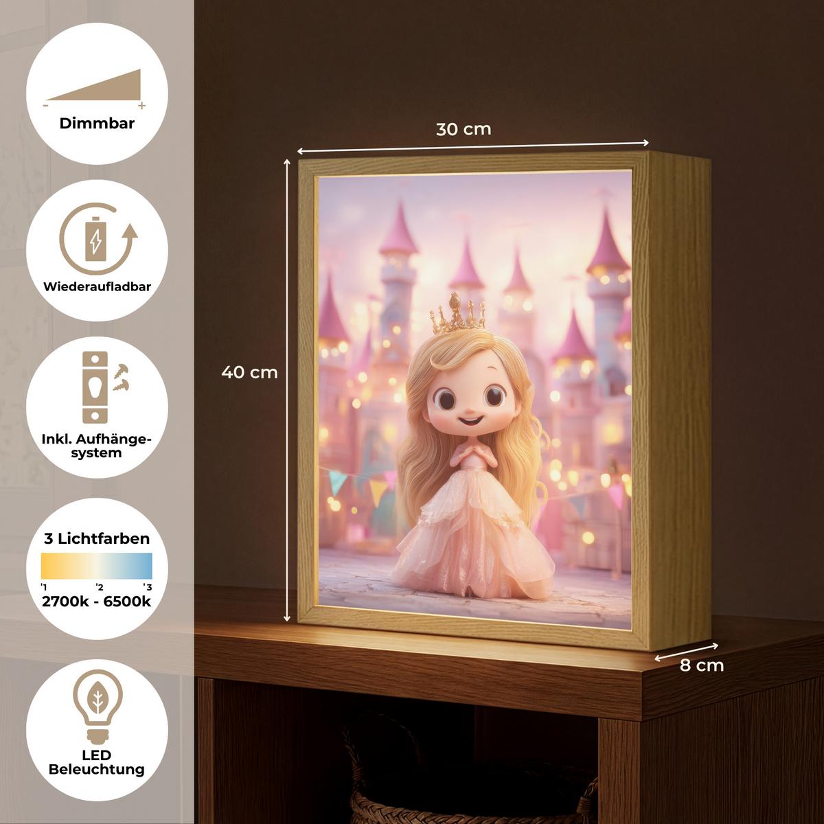 NACHTTISCHLAMPE MIT AKKU Prinzessin - Rosa - Schloss 30x40 cm - Rosa, Holzwerkstoff (8/30/40cm) - OnlyWow