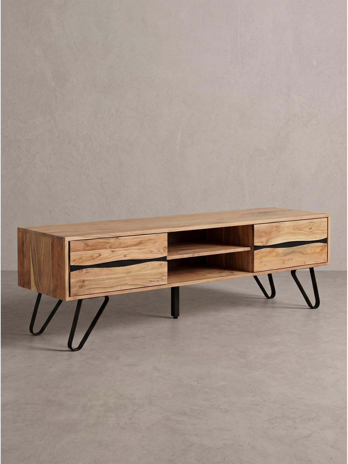LOWBOARD BETANZOS, Akazie Massivholz, 160 x 44,5 x 50 cm - Schwarz/Akaziefarben, Holz/Metall (160/50/44.5cm) - KADIMA DESIGN