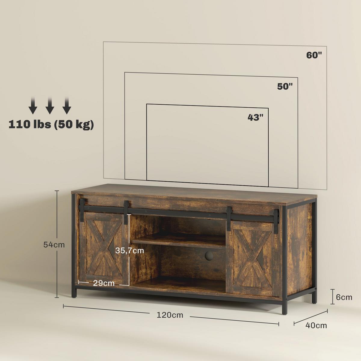 TV-SCHRANK, Fernsehtisch für Fernseher bis zu 60 Zoll, Lowboard, Fernsehschrank - Schwarz/Braun, Holzwerkstoff/Metall (40/54/120cm) - HOMCOM