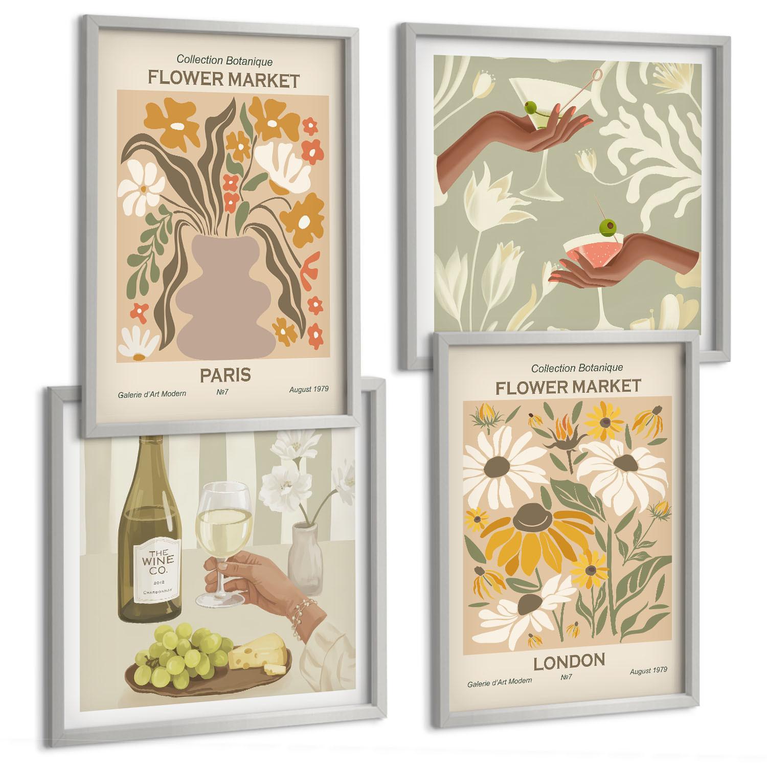 BILDER SET 4er Set - 50x50 cm & 40x60 cm Silberner Rahmen - Blumenmuster aus europäischen Städten - Silberfarben, Kunststoff (50/50cm) - TULUP