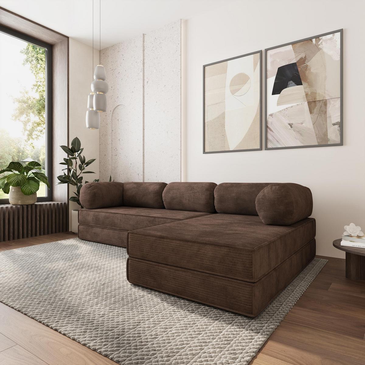 ECKSOFA ETERA modulares Boneless Sofa mit Schlaffunktion Braun Kordstoff - Braun, Textil (270/160cm) - MASSENO