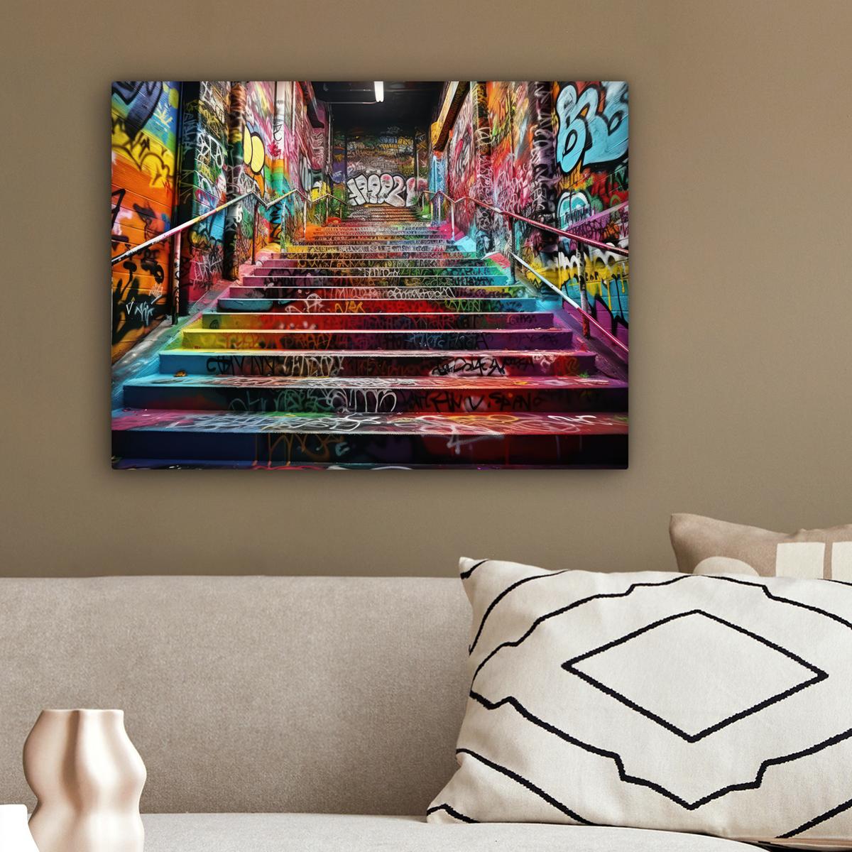 LEINWANDBILD Treppe - Graffiti - Farben - Kunst Wandbild 40x30 cm - Multicolor, Textil (40/30cm) - MuchoWow