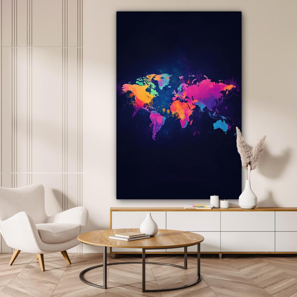 LEINWANDBILD Weltkarte - Bunt - Graffiti Deko Groß 90x140 cm - Multicolor, Textil (90/140cm) - MuchoWow
