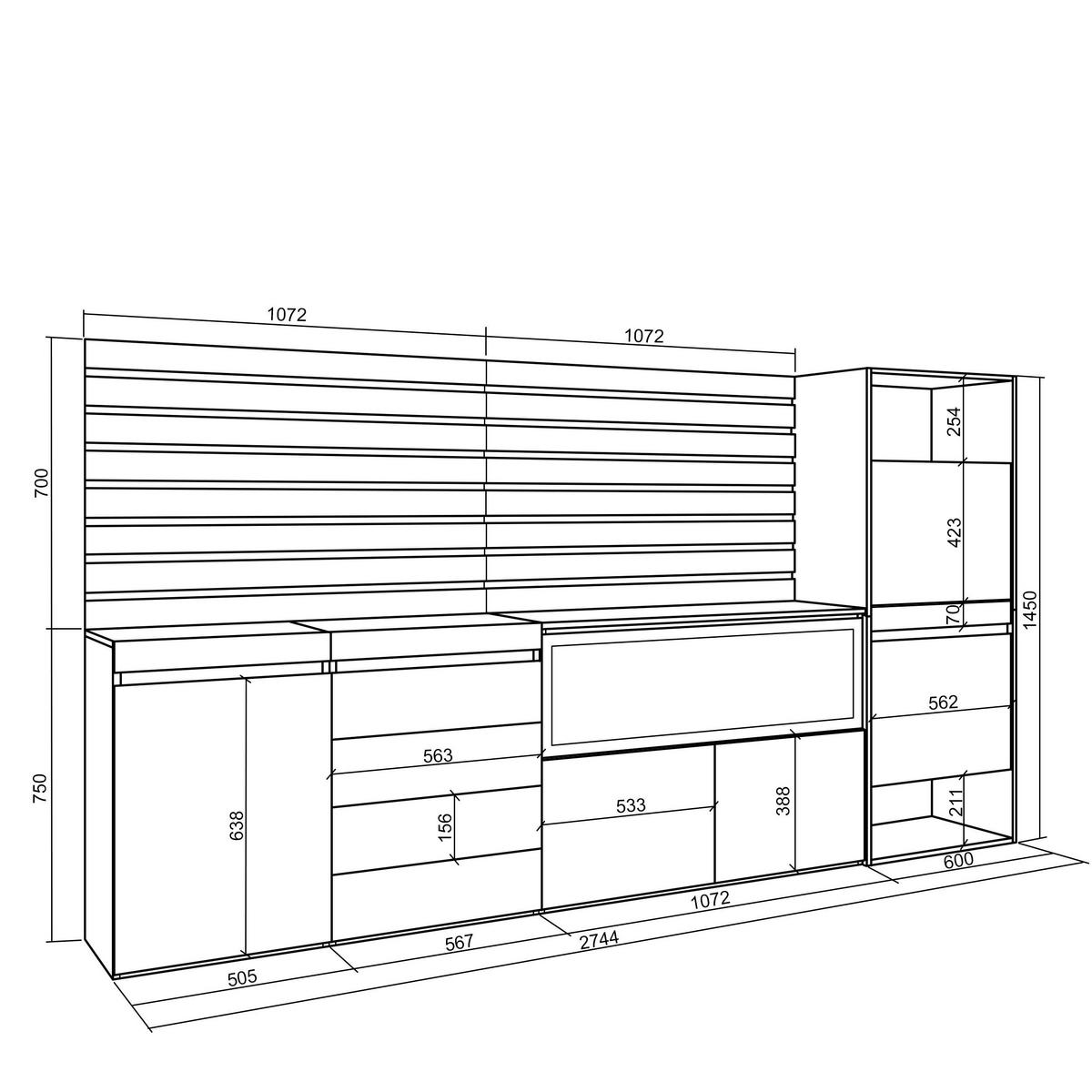 WOHNWAND mit Elektrokamin, eiche, 274/35/145cm - Eichefarben, Holzwerkstoff (274/145/35cm) - Skraut Home