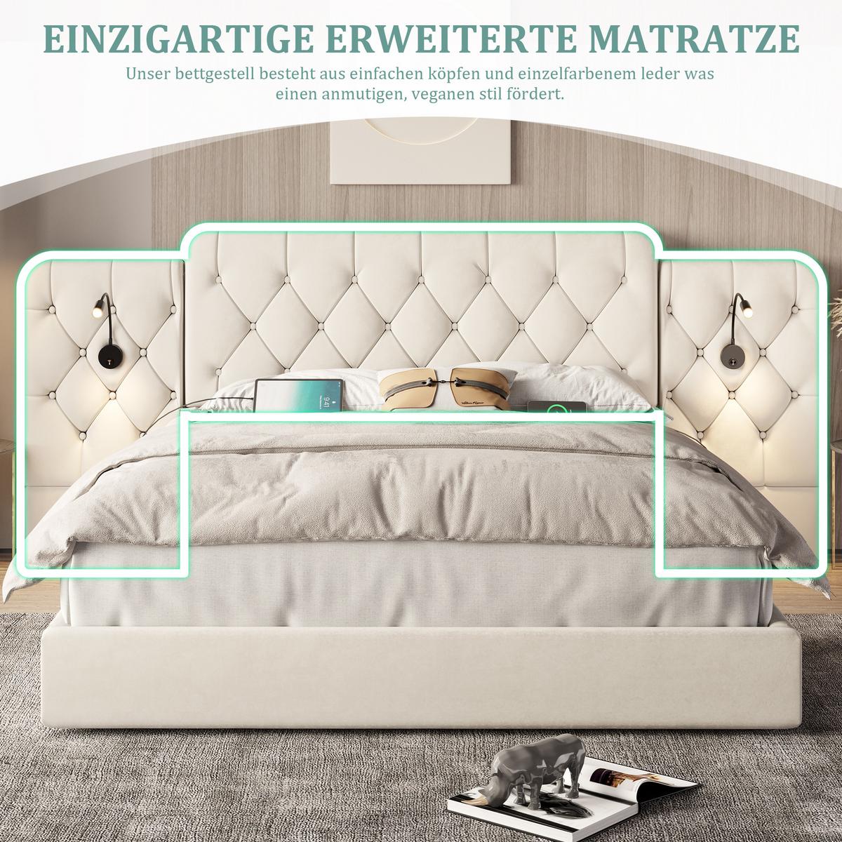 POLSTERBETT Samt Beige 160x200 cm mit LED Leseleuchten & USB-Anschluss - Beige, Textil (160/200cm) - Urban Meuble