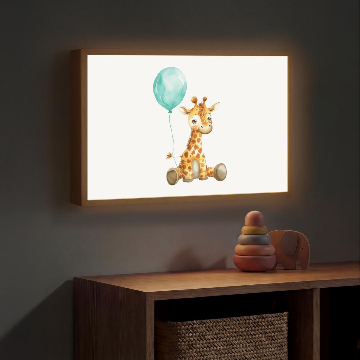 WANDLEUCHTE MIT AKKU Giraffe - Baby - Tiere - Blauer Ballon 60x40 cm - Weiß, Holzwerkstoff (60/40/8cm) - OnlyWow