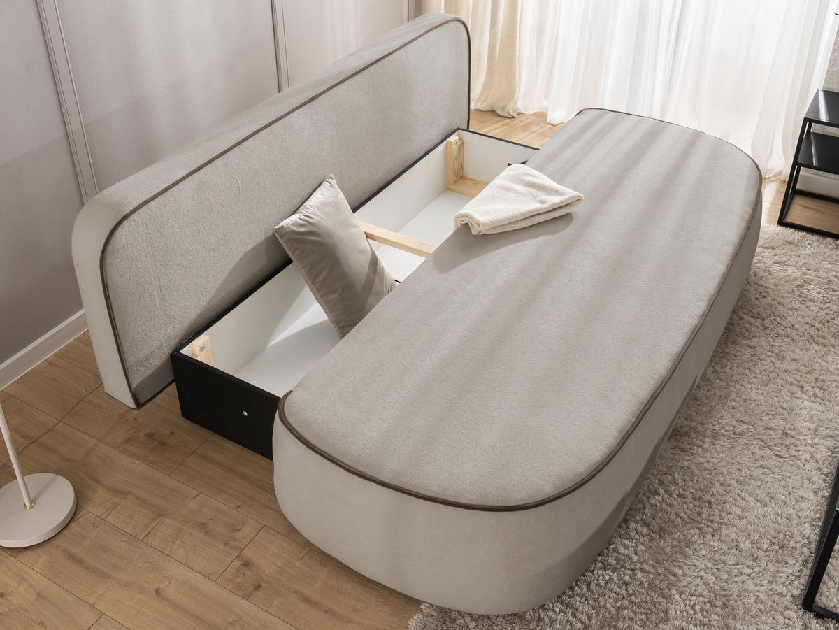 KINDERSOFA Vero im modernen und abgerundeten Design mit Schlaffunktion und Bettkasten aus Taupe Plüschstoff mit brauner Paspel - Taupe/Schwarz, Holz/Kunststoff (210/90/98cm) - S-Style Möbel