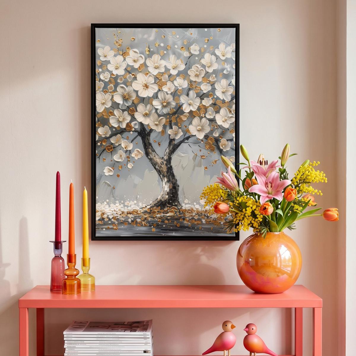 LEINWAND Bilder mit Rahmen - Baum - Blumen - Weiß - Natur - Kunst - 40x60 - Weiß, Textil (40/60cm) - MuchoWow