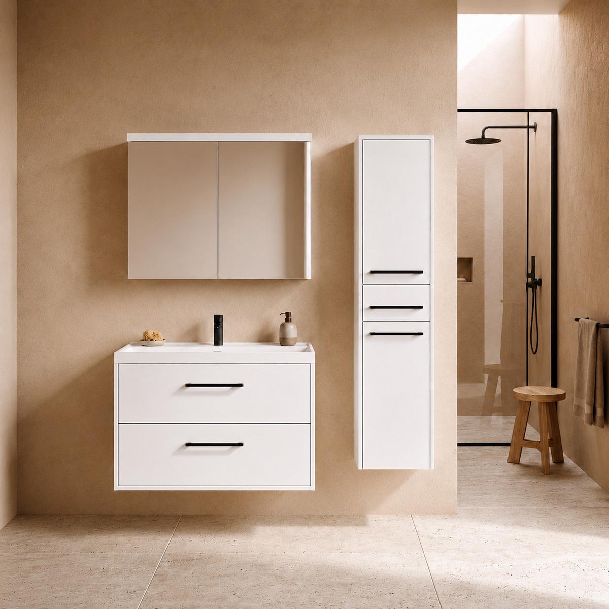 BADMÖBEL-SET Florence 3 Teile Hochglanz Weiß - 80 x 35 x 51 cm - Weiß, Holz (80/51/35cm) - Badplaats