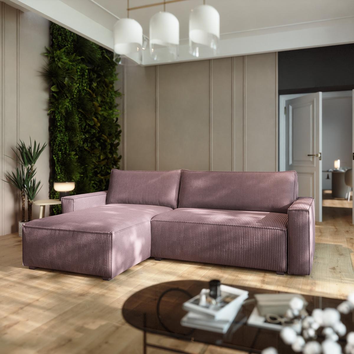 ECKSOFA BESMIR Lila Kordstoff mit Schlaffunktion - Lila, Holz (275/148cm) - MASSENO
