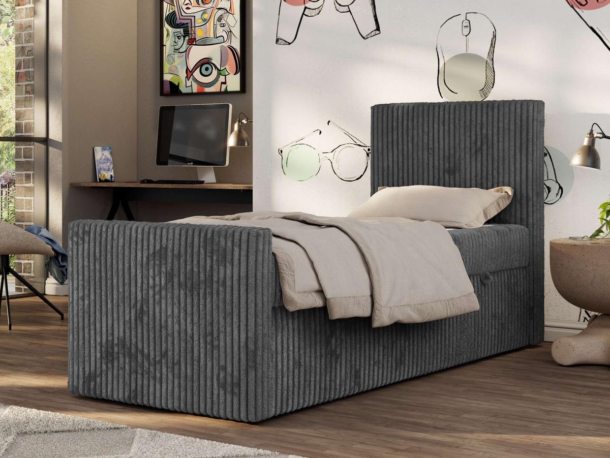 JUGENDBETT TILIO DUO 90/200 - Grau Cord - H4 - Rechts Seite - Grau, Textil (200/90cm) - MKS