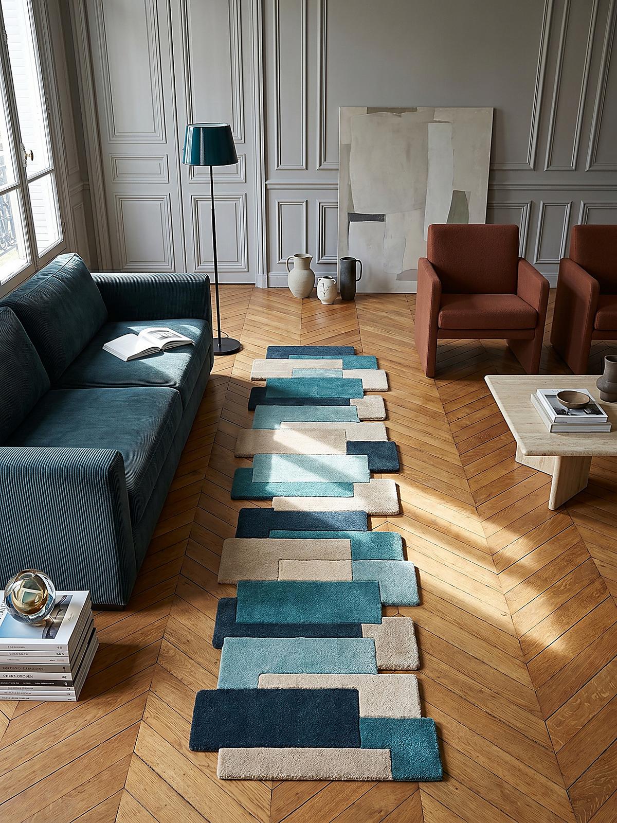 WOLLTEPPICH HALLEIN, geometrisch, Türkis, 60 x 230 cm - Blau, Textil (60/230cm) - KADIMA DESIGN