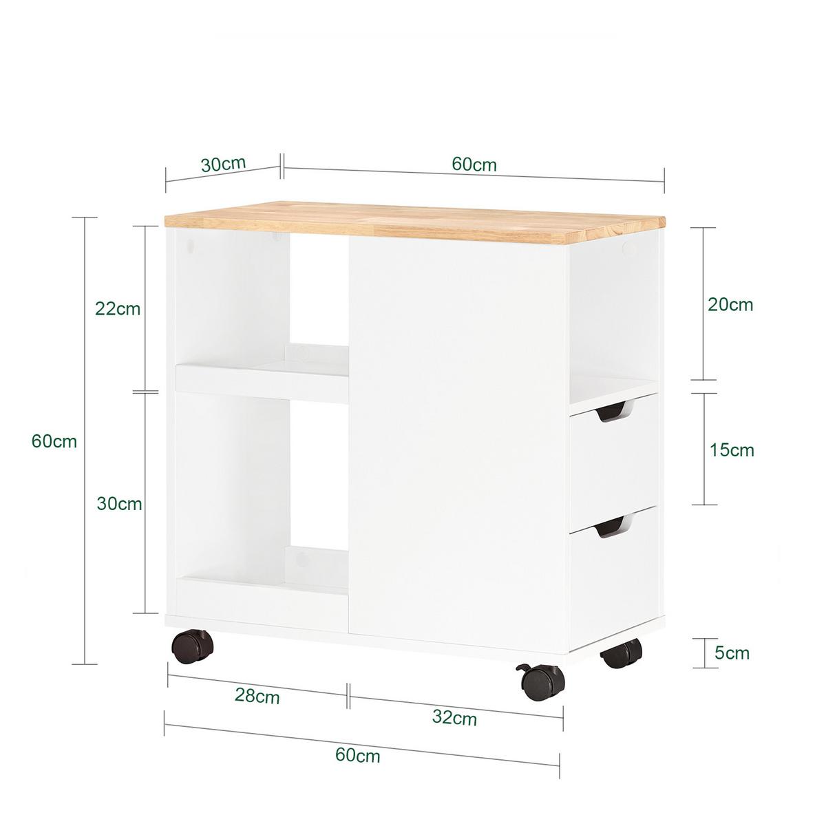 DRUCKERTISCH mit Rollen, Weiß-Natur 60x30x60cm - Weiß/Naturfarben, Holz/Holzwerkstoff (30/60/60cm) - SoBuy