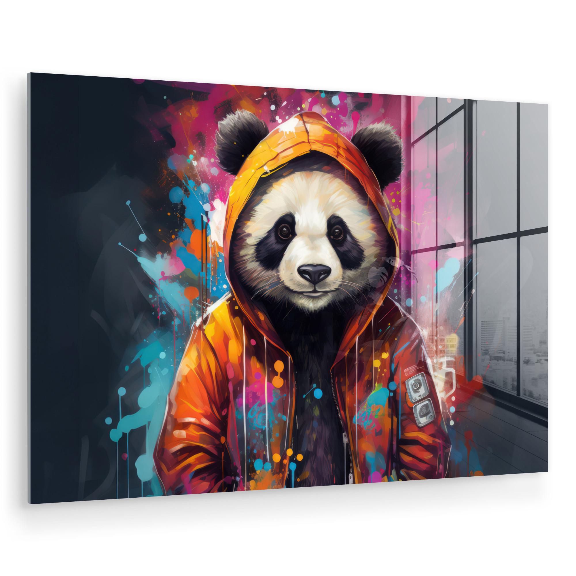 ACRYLGLASBILD Panda - Jacke - Graffiti - Orange Wandbild Schlafzimmer 120x80 cm - Orange, Glas (120/80cm) - MuchoWow