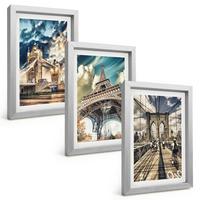 BILDER SET 3er Set - 20x30 cm Silberner Rahmen - Brücken, Türme, europäische Städte - Silberfarben, Kunststoff (20/30cm) - TULUP