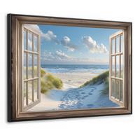 LEINWAND Bilder mit Rahmen - Aussicht - Strand - Fenster - Dünen - Meer - 100x70 - Hellblau, Textil (100/70cm) - MuchoWow