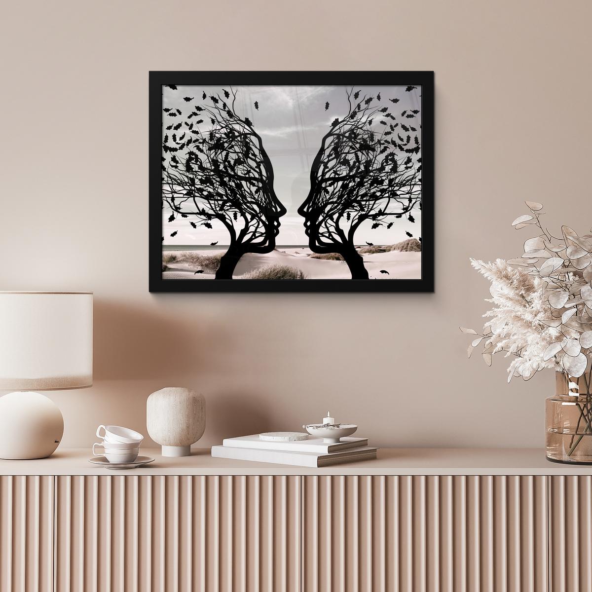 POSTER MIT RAHMENGERAHMTES BILD Strand - Meer - Menschen - Baum - Moderne Kunst 40x30 cm - Hellgrau, Papier (40/30cm) - MuchoWow