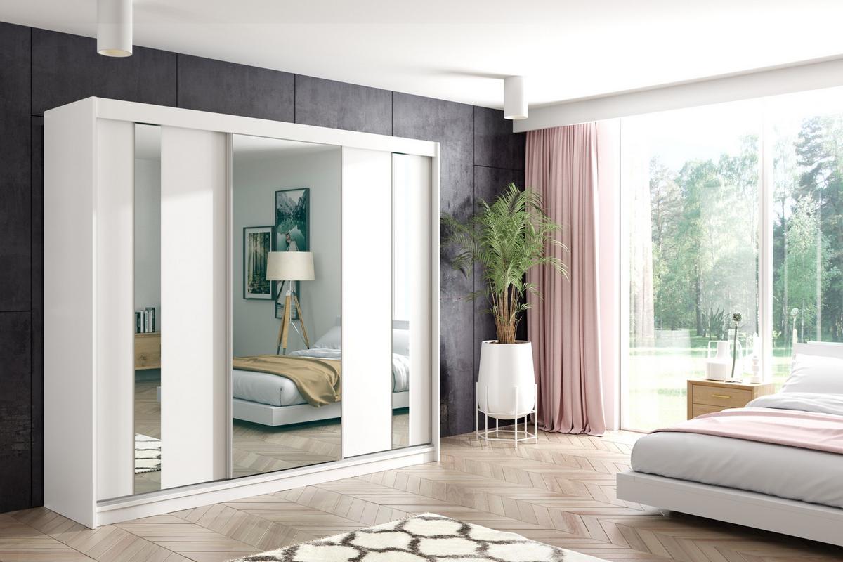 KLEIDERSCHRANK mit Spiegel-Schiebetüren und Aluminium-Leisten, LED-Beleuchtung - GRACE - 240 cm Weiß - Weiß, Holzwerkstoff (240/216/61cm) - ALTDECOR
