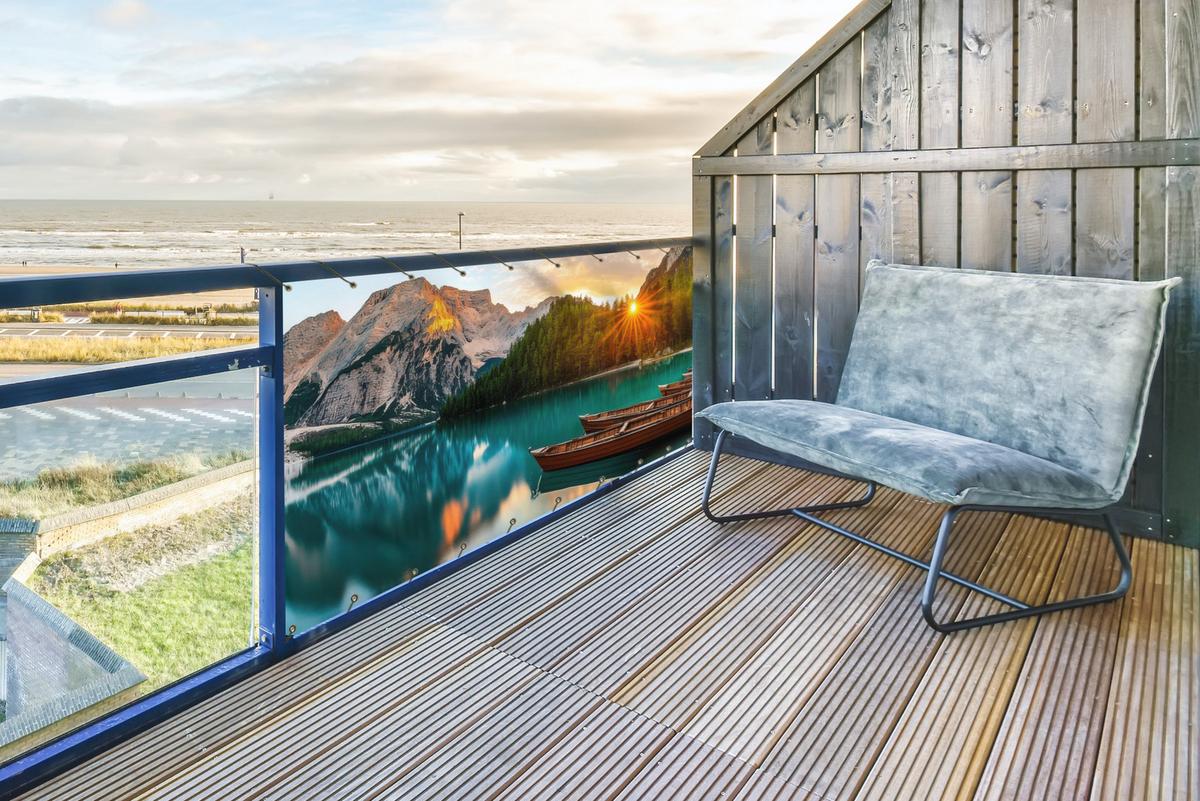 BALKON-SICHTSCHUTZ See - Berge - Sonnenuntergang - Boot Balkon Deko 300x130 cm - Petrol, Kunststoff (300/130cm) - MuchoWow