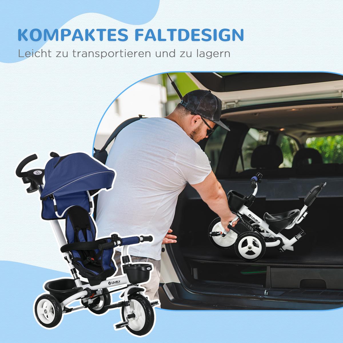 6 in 1 Dreirad mit Schubstange, Kinderdreirad mit Sicherheitsgurt, Sonnendach - Blau, Metall (112/50/104cm) - HOMCOM