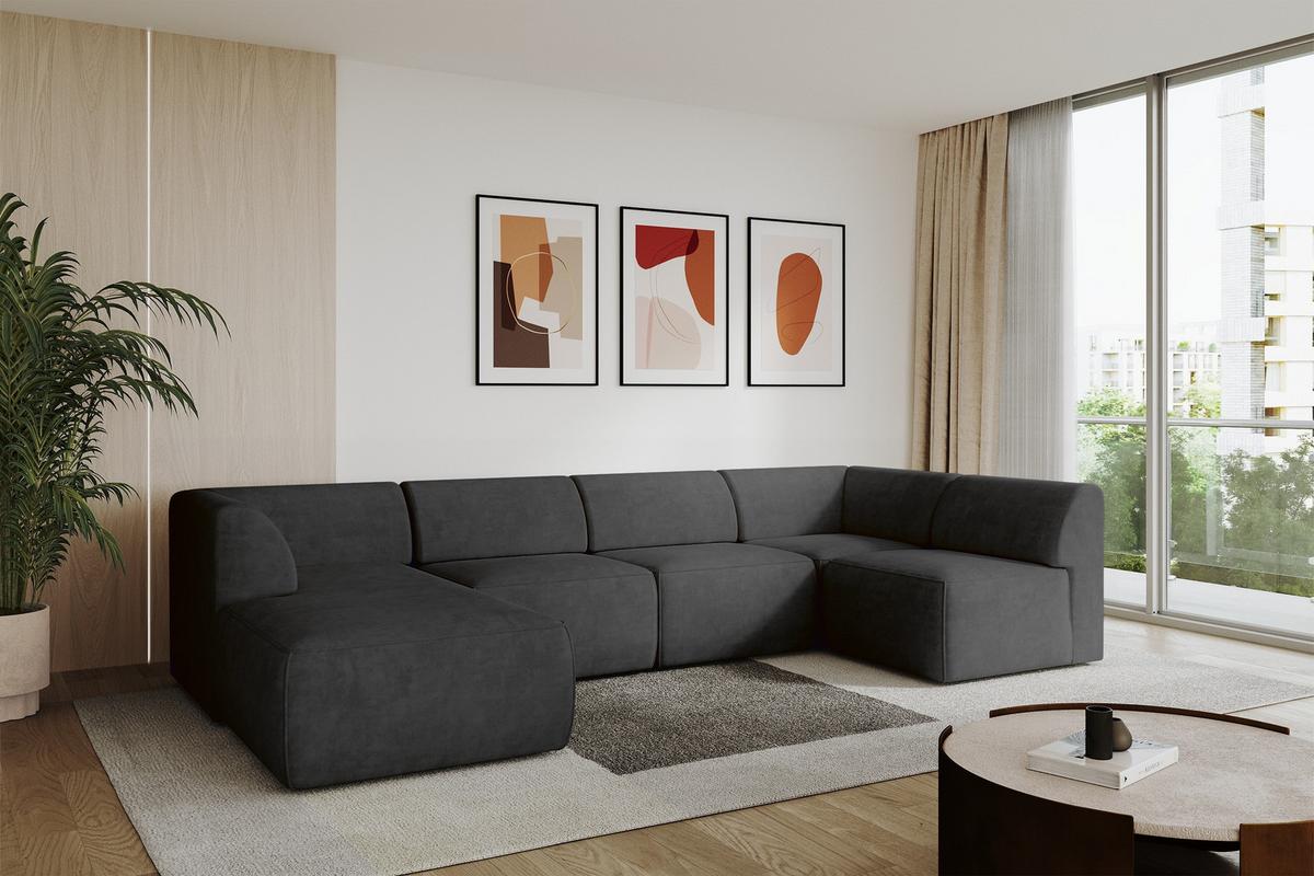 WOHNLANDSCHAFT Ottomane Links MOVO-L 345x180x78 cm Schwarz Velours - Schwarz, Holzwerkstoff/Kunststoff (345/78/180cm) - ALTDECOR
