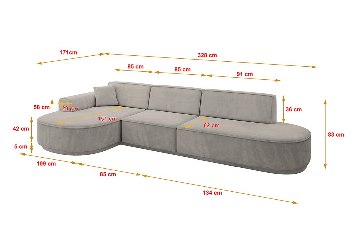ECKSOFA Ottomane Links MARI-L2-v3 - 328x171x83 cm Hellbraun Velours - Hellbraun/Schwarz, Holzwerkstoff/Kunststoff (328/171cm) - ALTDECOR