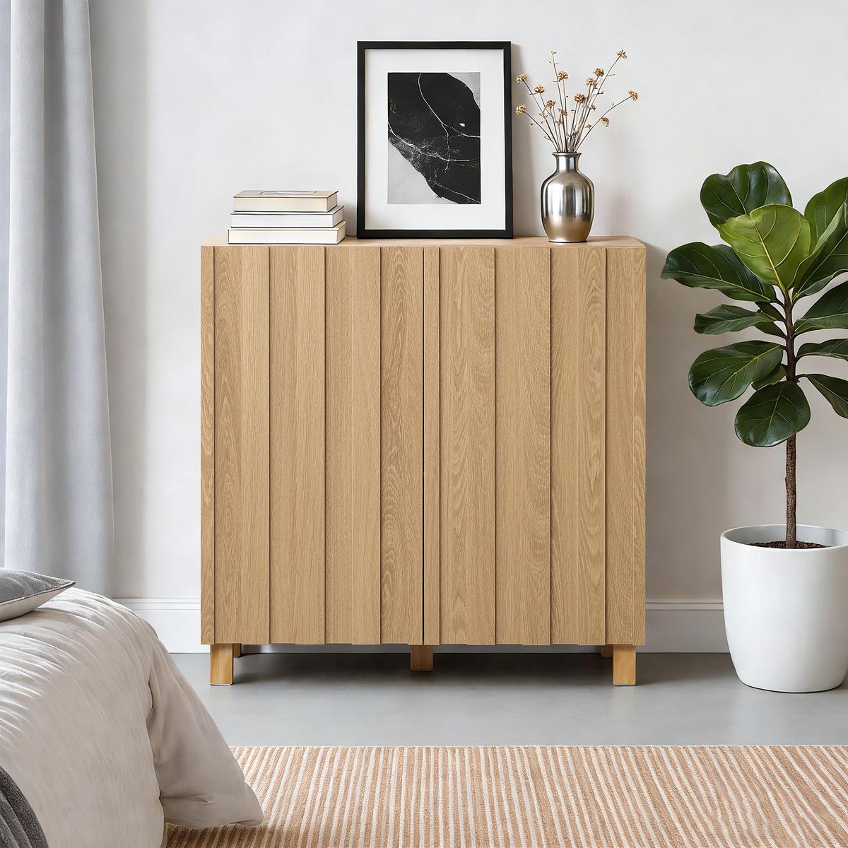 SIDEBOARD Holz mit 2 Türen und Füßen aus Kiefernholz | B80 x T35 x H80 cm - Eichefarben, Holz/Holzwerkstoff (80/80/35cm) - Hometopia