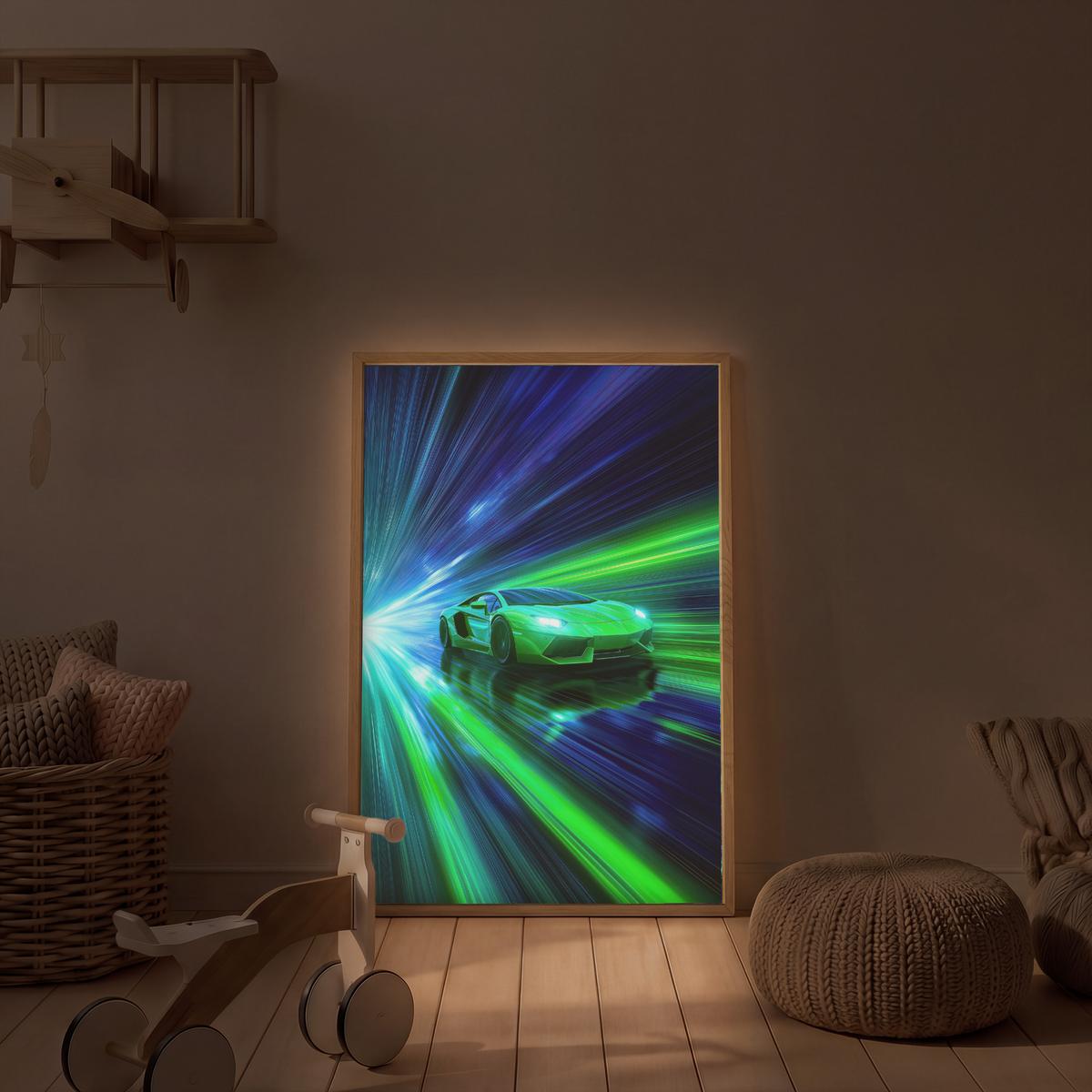 WANDLEUCHTE MIT AKKU Geschwindigkeit - Leicht - Sportwagen - Grün 70x100 cm - Grün, Holzwerkstoff (70/100/8cm) - OnlyWow