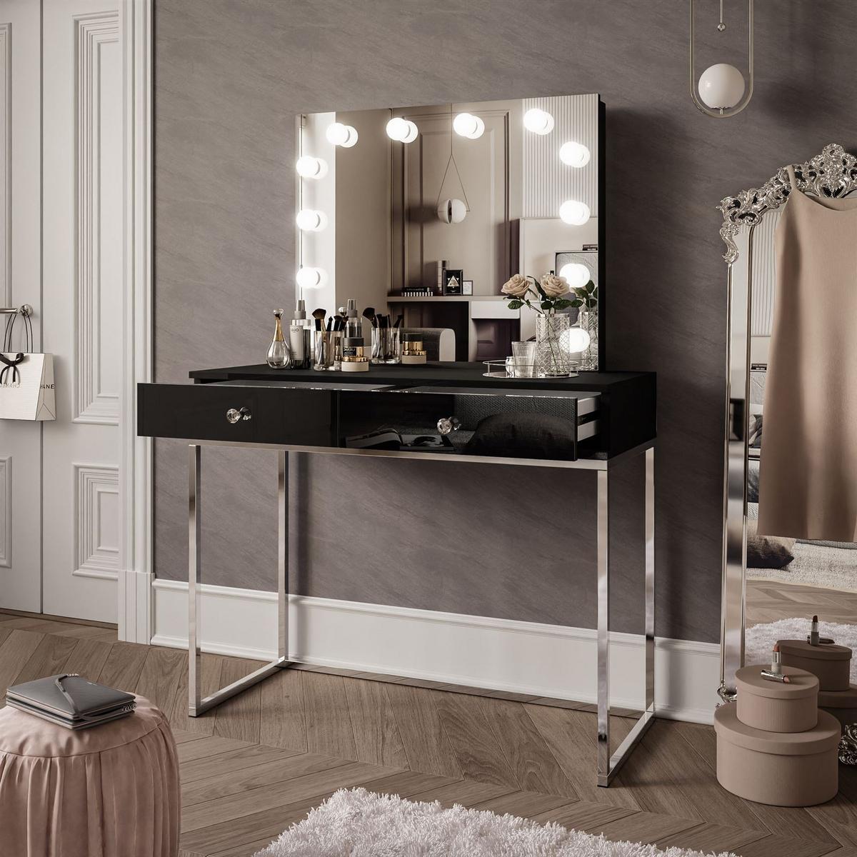 SCHMINKTISCH BLANCO GLAMOUR ELITE mit Spiegel und Beleuchtung Schwarz Hochglanz Kristallgriff - Weiß Hochglanz/Silberfarben, Holzwerkstoff (100/146/42cm) - Lookway