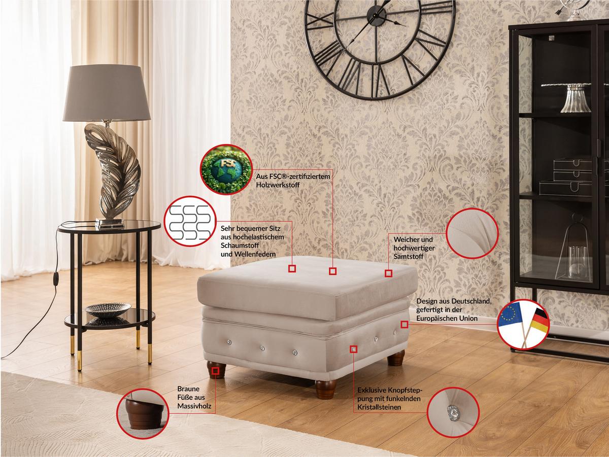 HOCKER Chesterfield Cleo Blink Beige Samt mit Kristallsteppung und braunen Massivholzfüßen - Beige/Braun, Holz/Textil (75/45/70cm) - S-Style Möbel