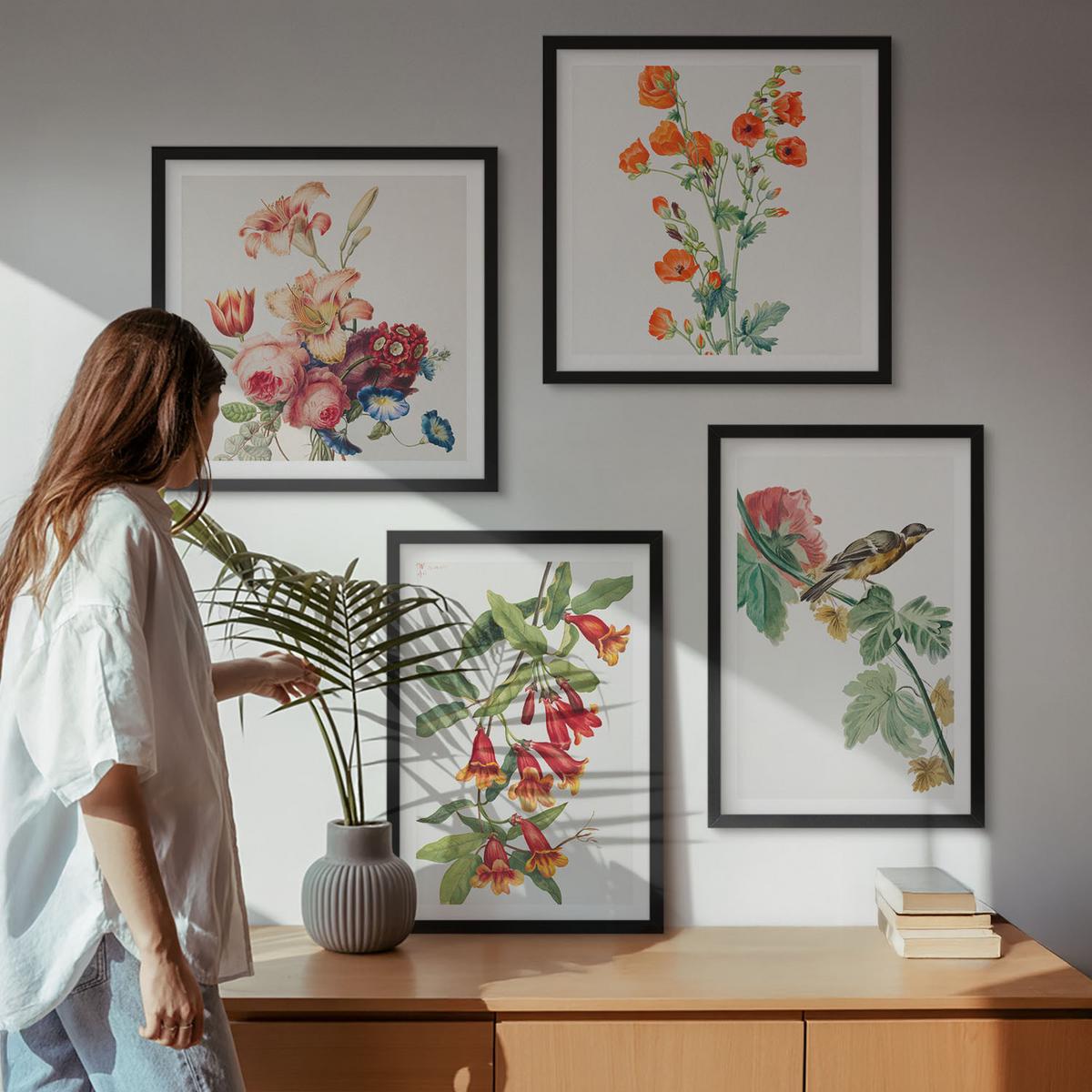 BILDER SET 4er Set - 50x50 cm & 40x60 cm Schwarzer Rahmen - Gemalte Blumen, Retro-Vogel - Schwarz, Kunststoff (50/50cm) - TULUP