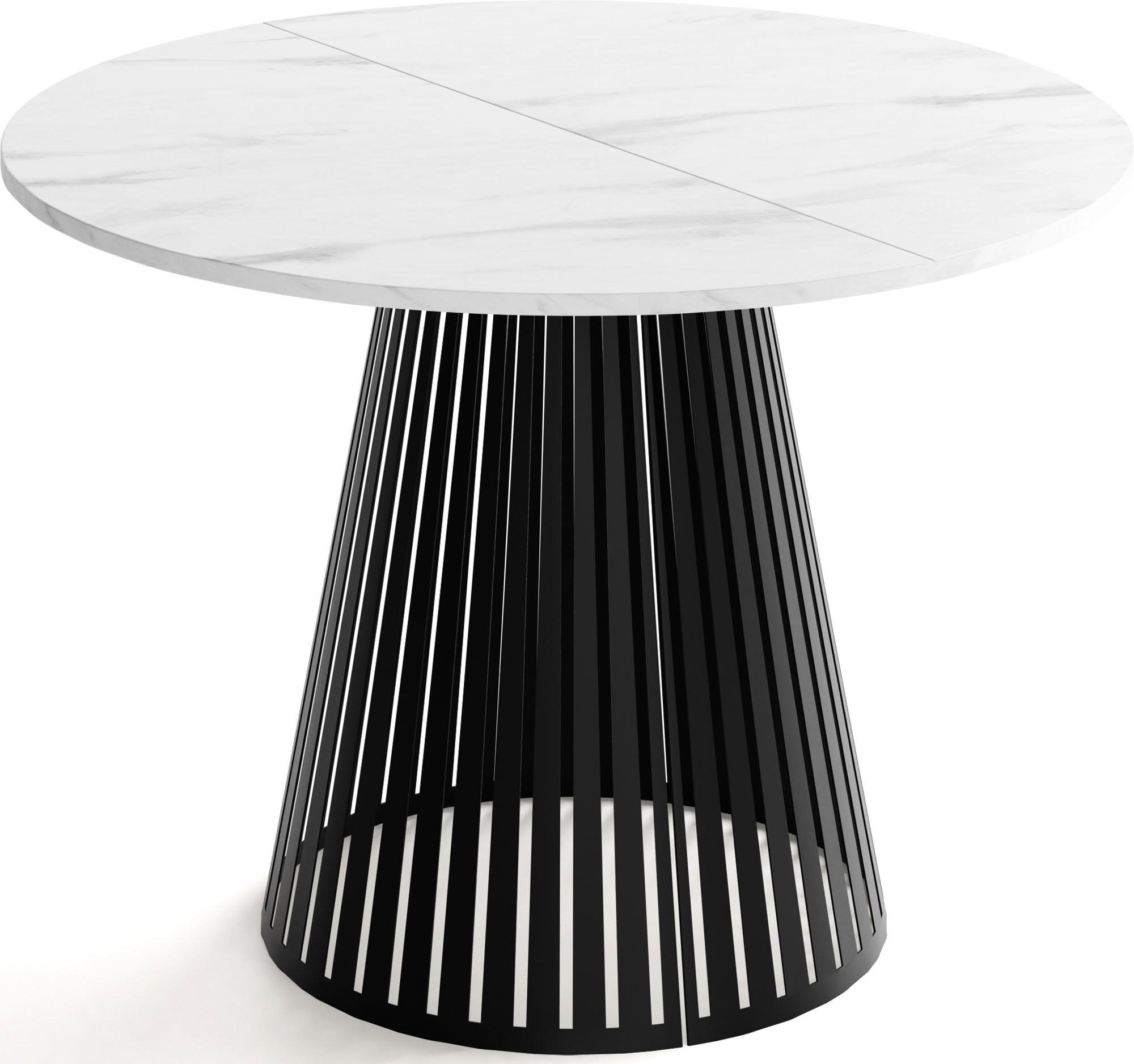 ESSTISCH Naro rund ausziehbar mit Schwarzem Lamellen-Metallgestell, Marmor Weiß 120-200/120/76 cm - Ecru/Schwarz, Holzwerkstoff/Metall (120/196/76cm) - WFL GROUP