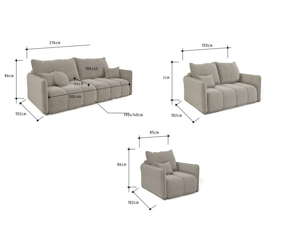 SOFASET Morgano 3-2-1 - Grün, Holzwerkstoff/Textil (216/86/102cm) - Fun Möbel