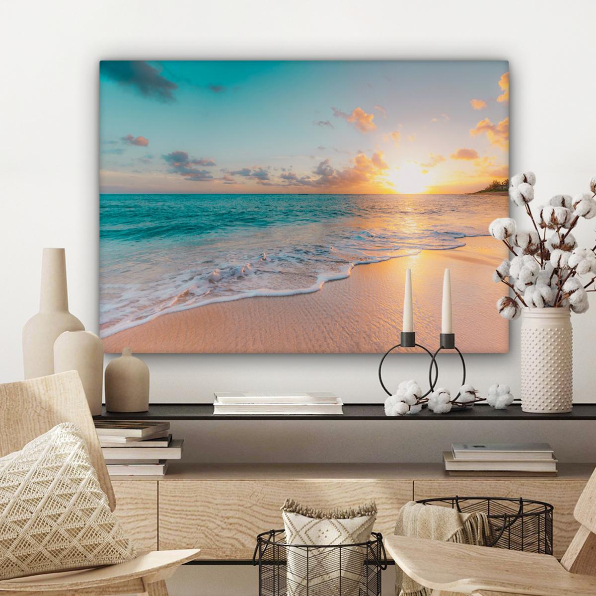 LEINWANDBILD Sonnenuntergang - Strand - Meer - Sommer - Blau Wandbilder 80x60 cm - Multicolor, Textil (80/60cm) - MuchoWow
