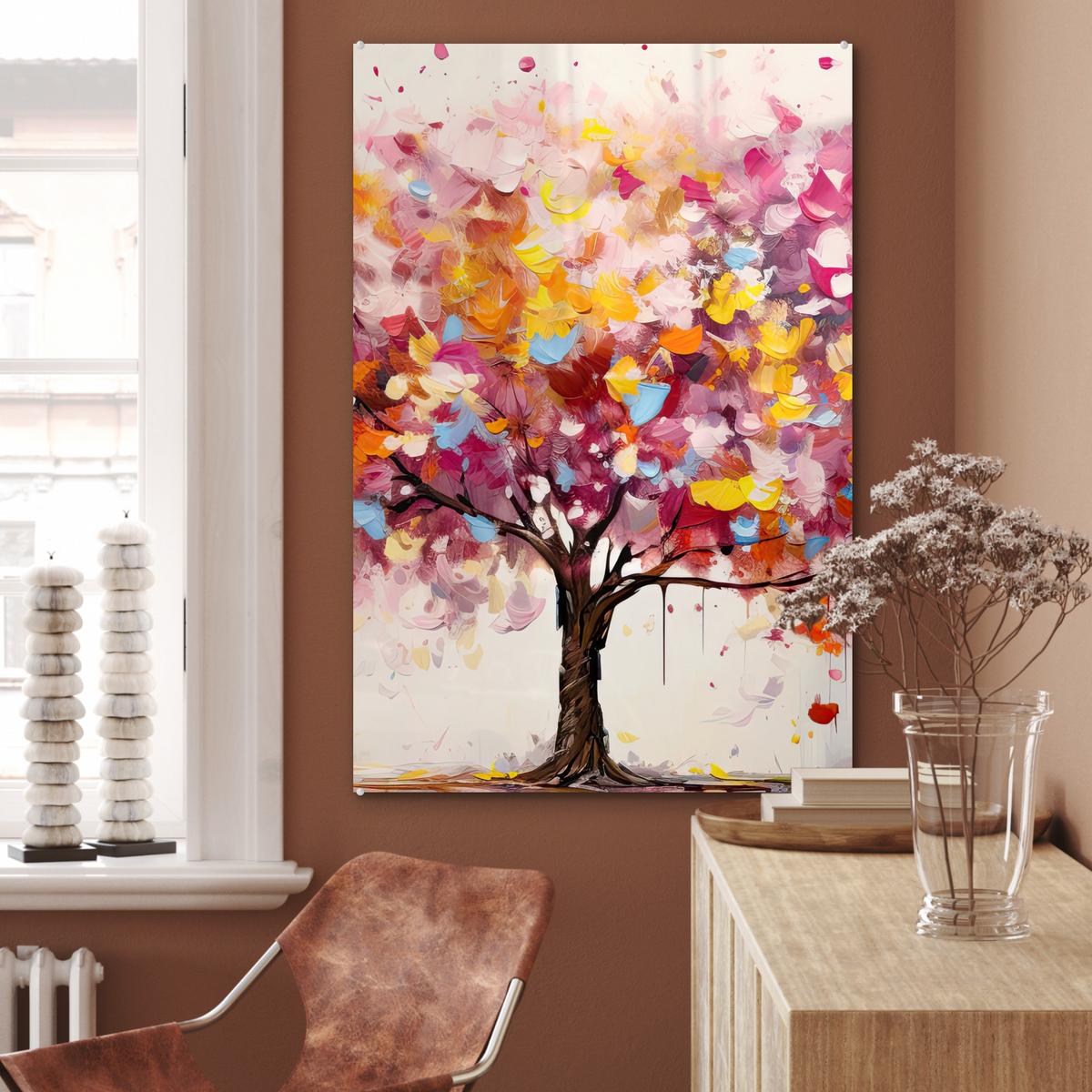 ACRYLGLASBILD Aquarell - Baum - Kunst - Abstrakt 80x120 cm - Multicolor, Glas (80/120cm) - MuchoWow