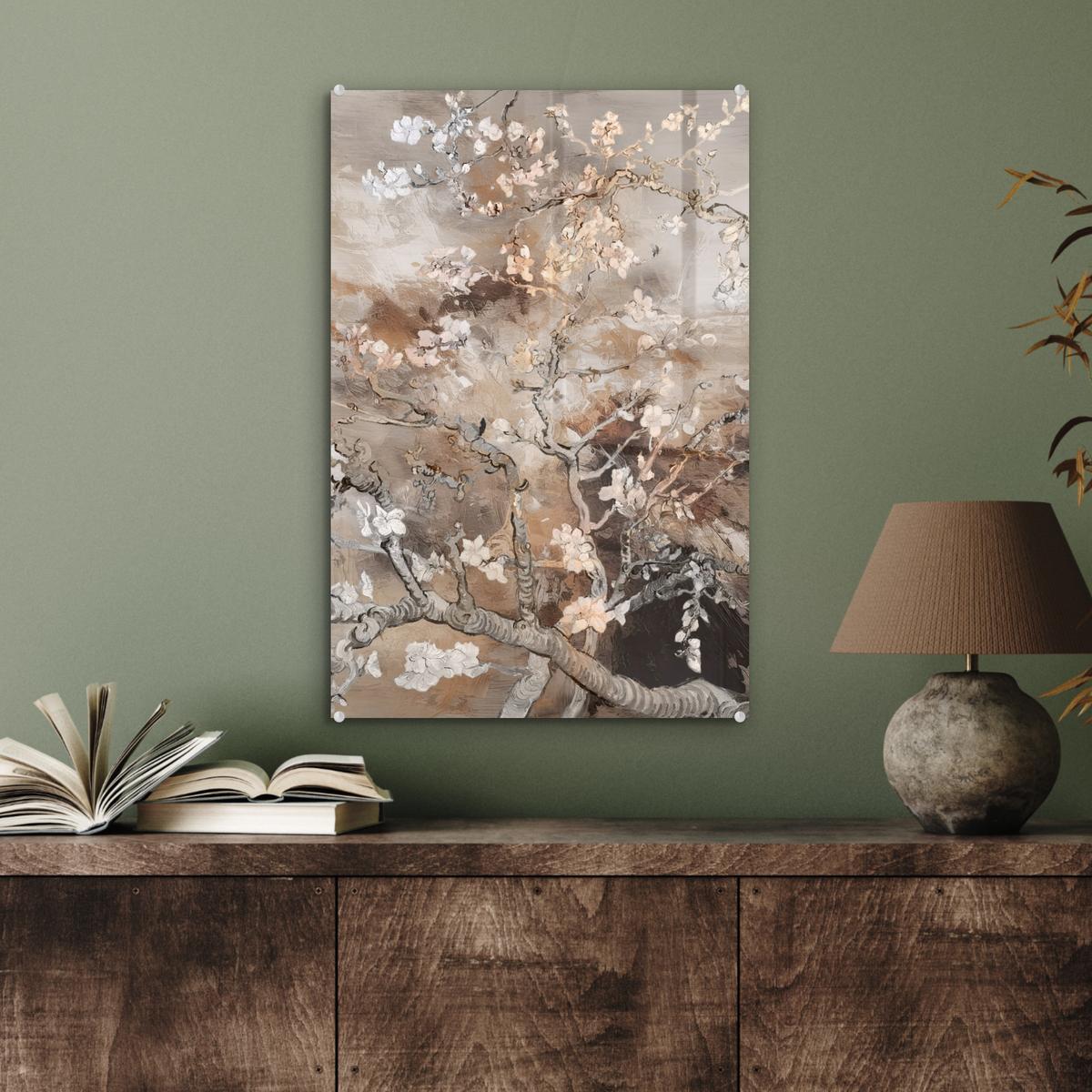 ACRYLGLASBILD Mandelblüte - Kunst - Van Gogh - Beige - Abstrakt Wanddeko Wohnzimmer 40x60 cm - Braun, Glas (40/60cm) - MuchoWow