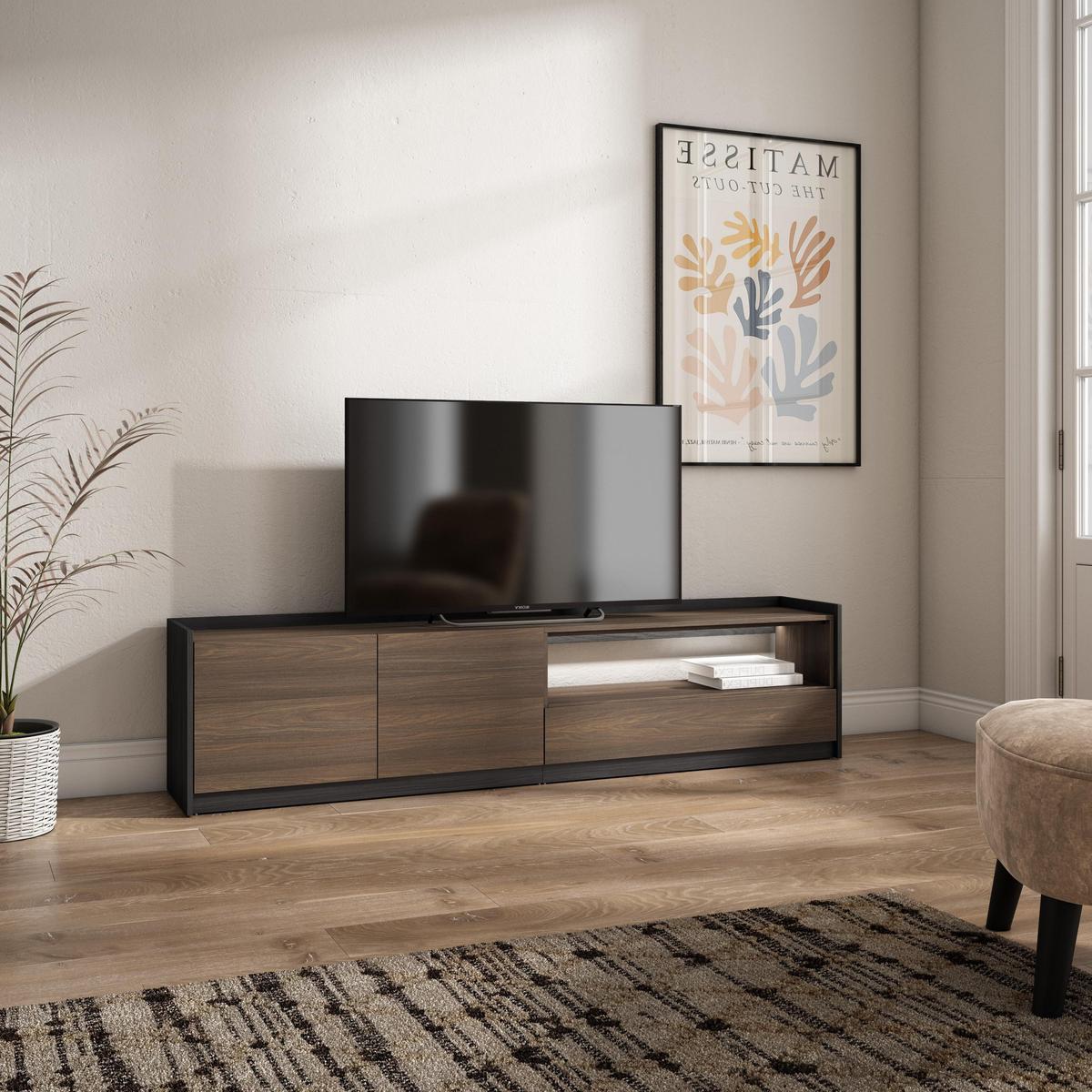 LOWBOARD, Dunkler Eiche und Schwarz, 207/37/50cm, mit Led - Dunkelbraun, Holzwerkstoff (207/50/37cm) - Skraut Home