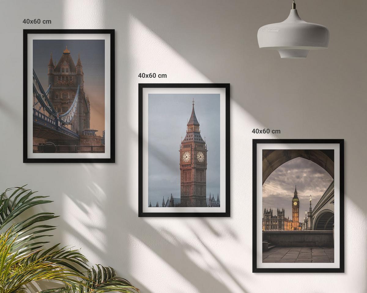 BILDER SET 3er Set - 40x60 cm Schwarzer Rahmen - London Bridge Big Ben Uhr - Schwarz, Kunststoff (40/60cm) - TULUP