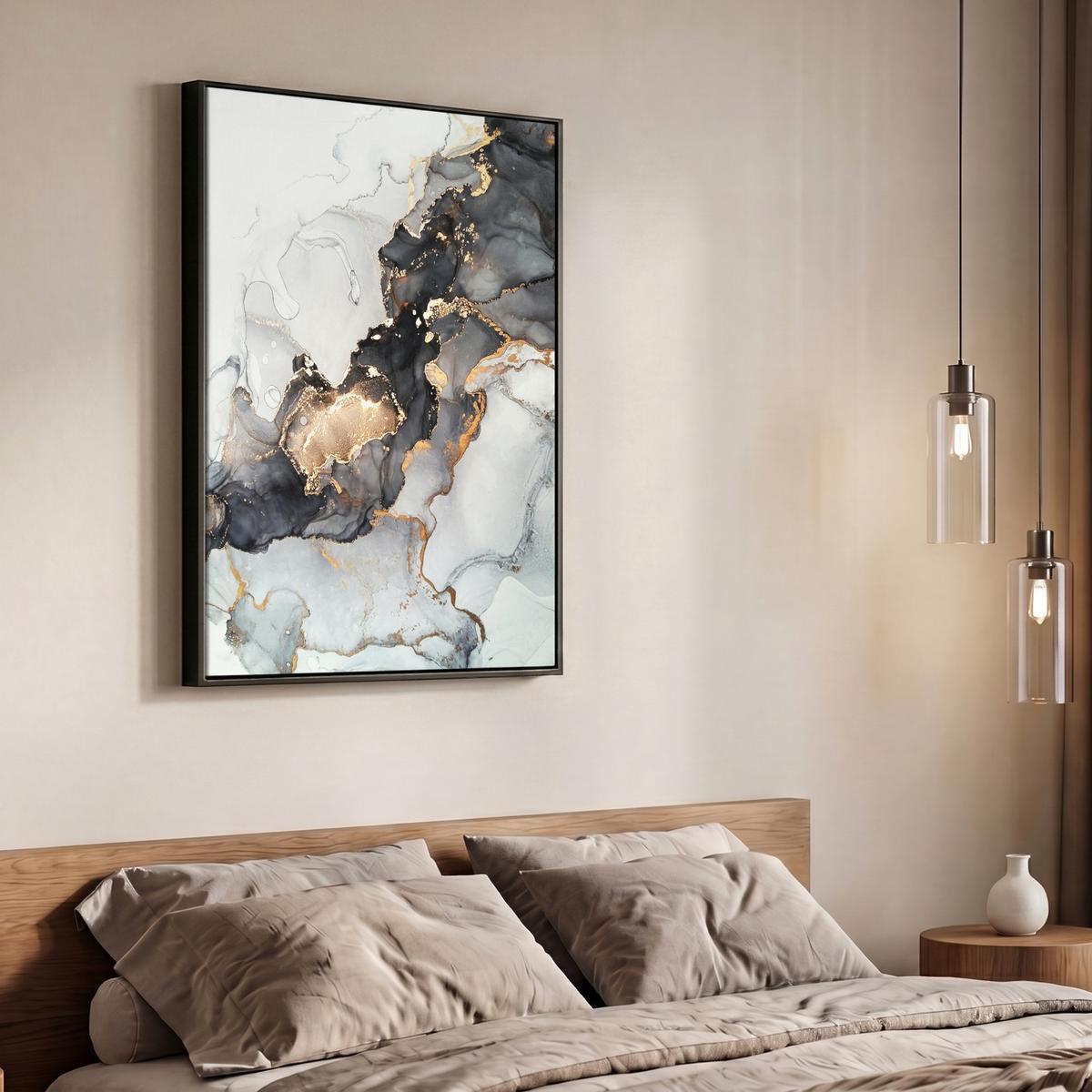 LEINWAND Bilder mit Rahmen - Marmor - Schwarz - Weiß - Gold - Luxus - Abstrakt - 70x100 - Goldfarben, Textil (70/100cm) - MuchoWow
