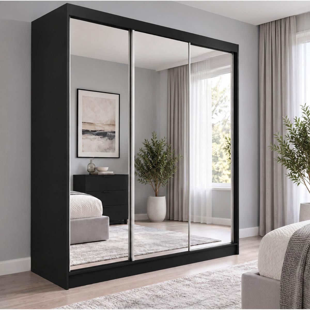 SCHWEBETÜRENSCHRANK Debra mit 3 Türen, 180/216/61 Schwarz mit Spiegel - Schwarz, Holzwerkstoff (180/216/61cm) - Beautysofa