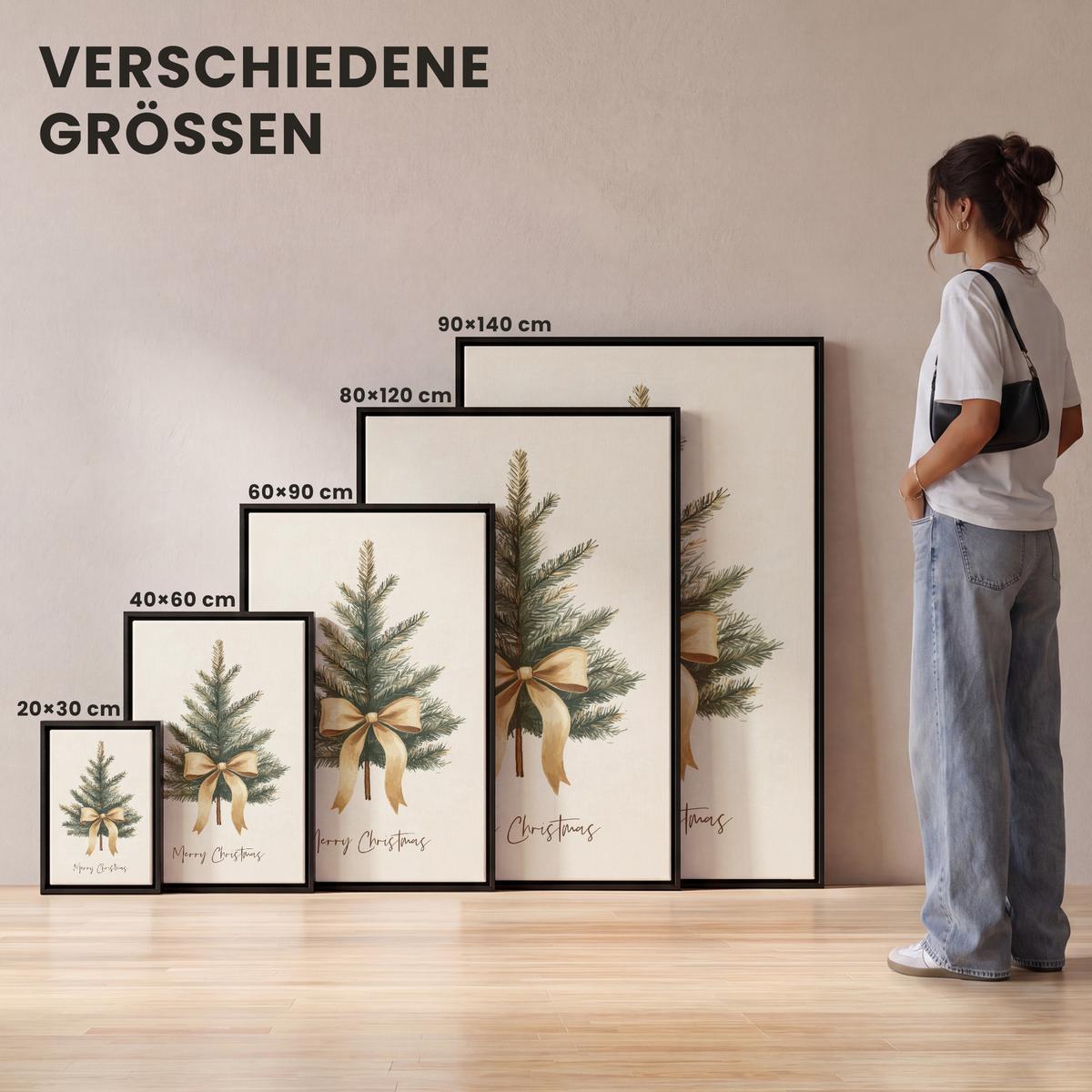 LEINWAND Bilder mit Rahmen - Weihnachtsbaum - Weihnachten - Frohe Weihnachten - Beige - 100x150 - Sandfarben, Textil (100/150cm) - MuchoWow
