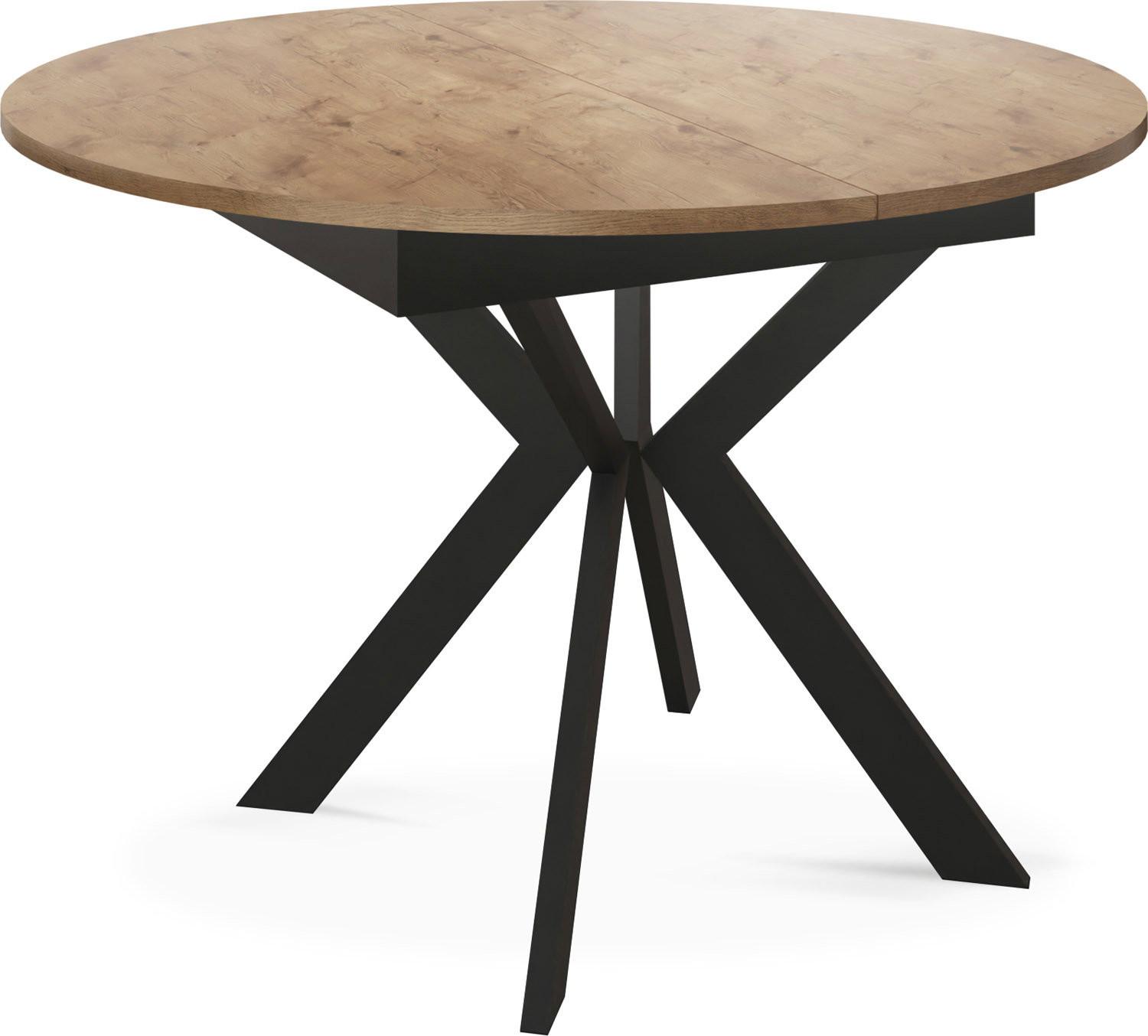 ESSTISCH Lily runder ausziehbarer, Lancelot Eiche 100-140/100/76 cm - Eichefarben/Schwarz, Holzwerkstoff/Metall (100/140/76cm) - WFL GROUP