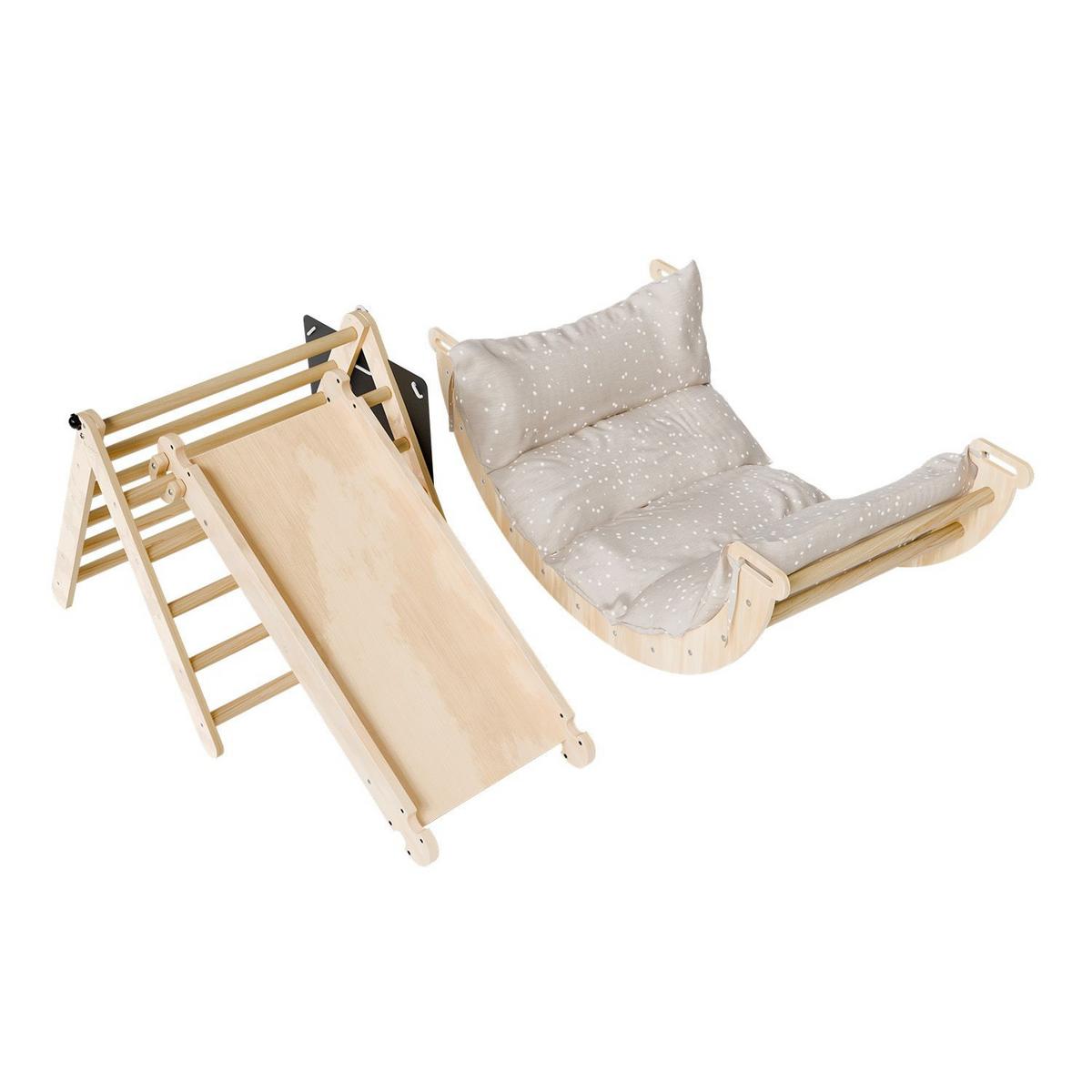 KLETTERDREIECK Movario mit Kissen 80x50cm - Klein - Naturfarben, Holz (54/55/54cm) - Juskys