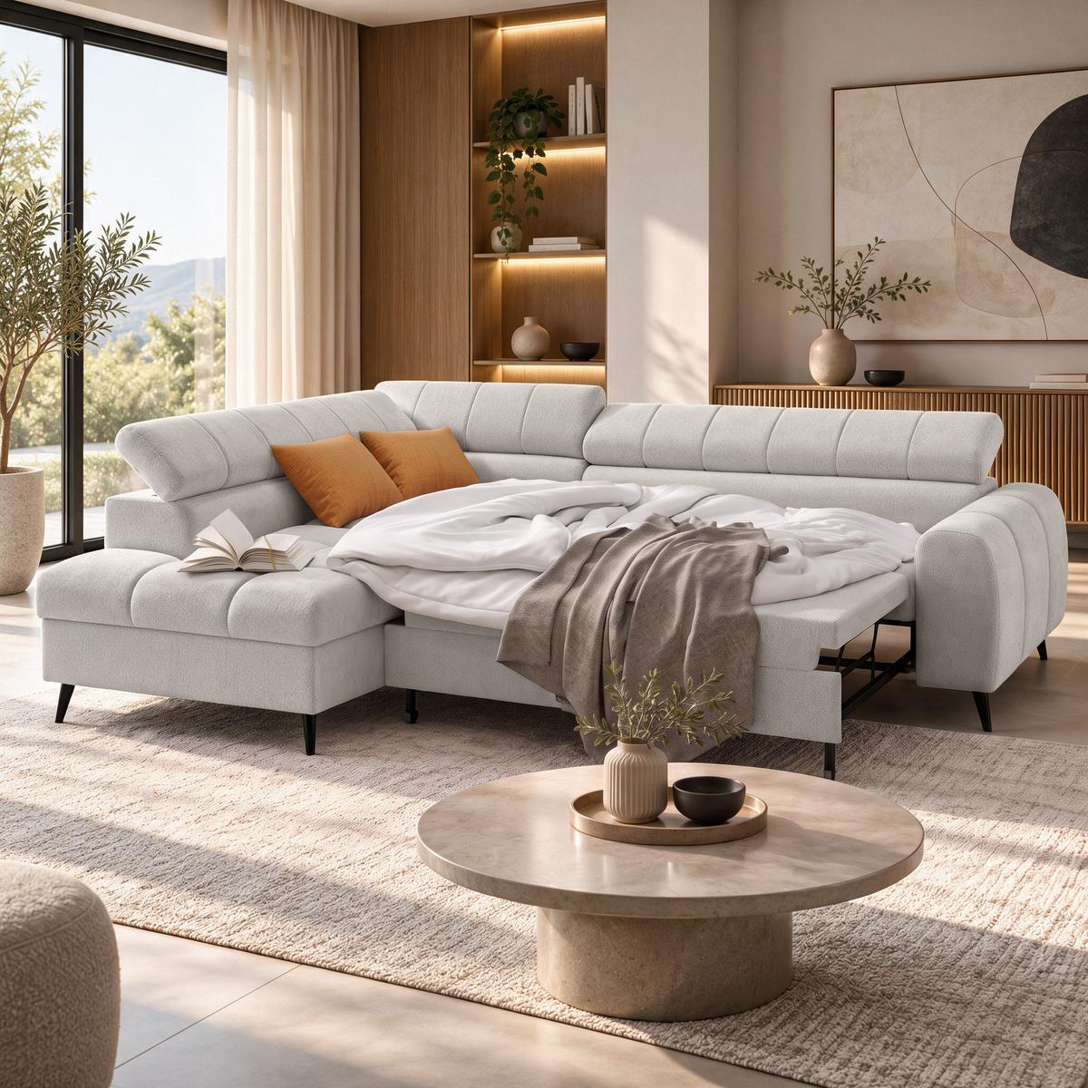 ECKSCHLAFSOFA Vinni Beige, Chenille-Stoff, links - Beige, Textil (265/205cm) - Beautysofa