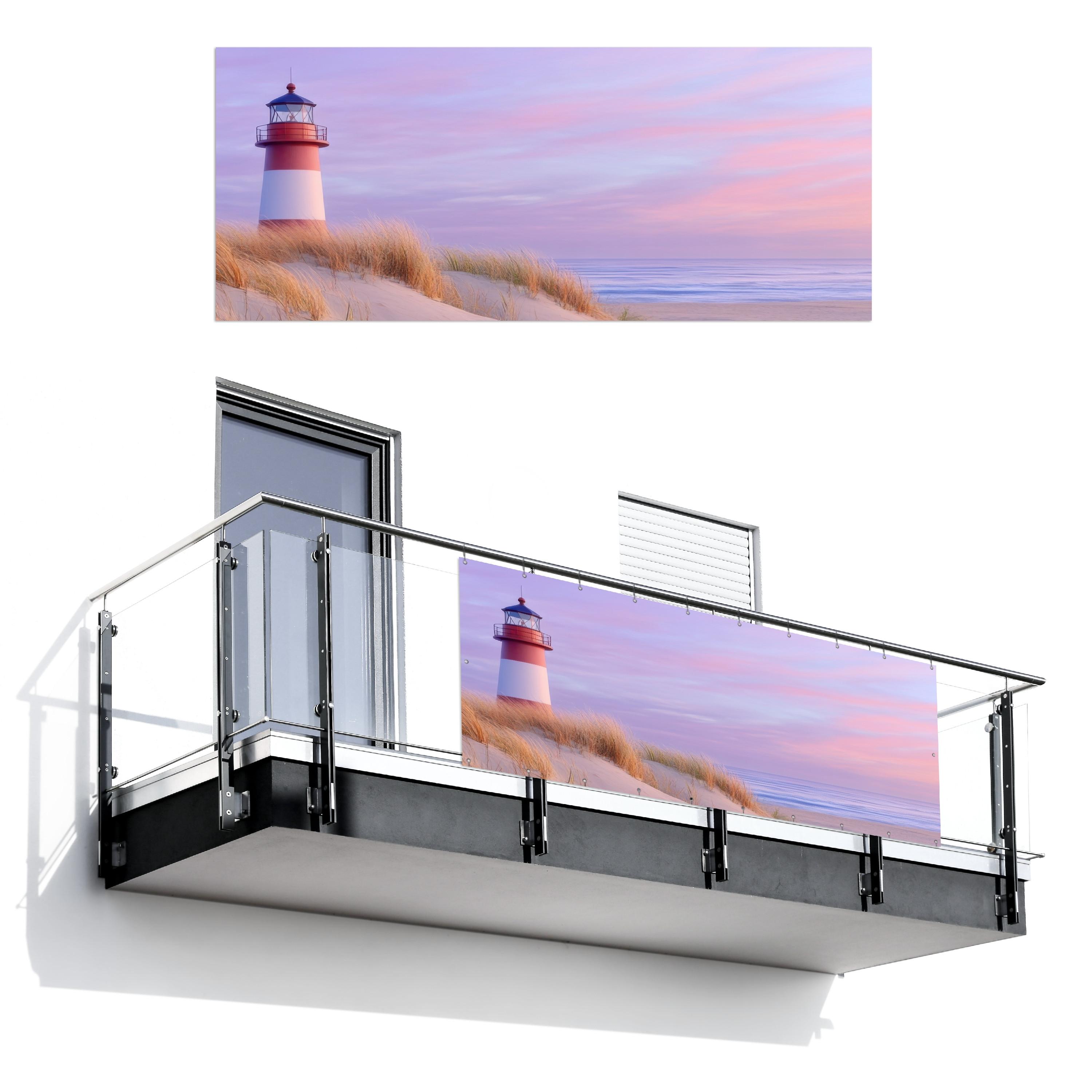 BALKON-SICHTSCHUTZ Leuchtturm - Dünen - Sonnenuntergang Balkon Deko 300x130 cm - Hellrosa, Kunststoff (300/130cm) - MuchoWow