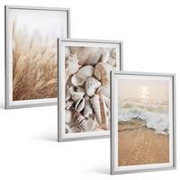 BILDER SET 3er Set - 40x60 cm Silberner Rahmen - Strandmotive, Muscheln, Wellen - Silberfarben, Kunststoff (40/60cm) - TULUP